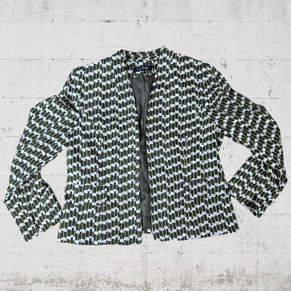 90s Vintage Green White Retro Geometric Tweed Evan Picone Blazer Jacket Size 12P - Picture 1 of 7